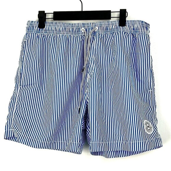 2 Maamgic Mens L Swim Trunks Blue Shark Stripe Shorts Liner Pocket 5 Inch Inseam - Picture 6 of 12
